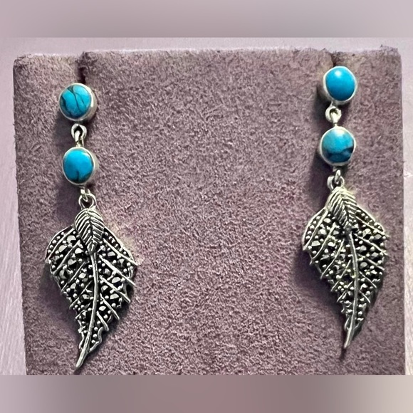 Sterling Silver Turquoise and Marcasite Leaf Dangle Earrings - Picture 2 of 4